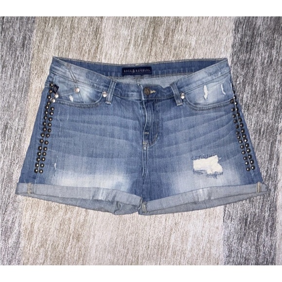 Rock & Republic Distressed Blue Jean Shorts with Studs - Picture 2 of 16